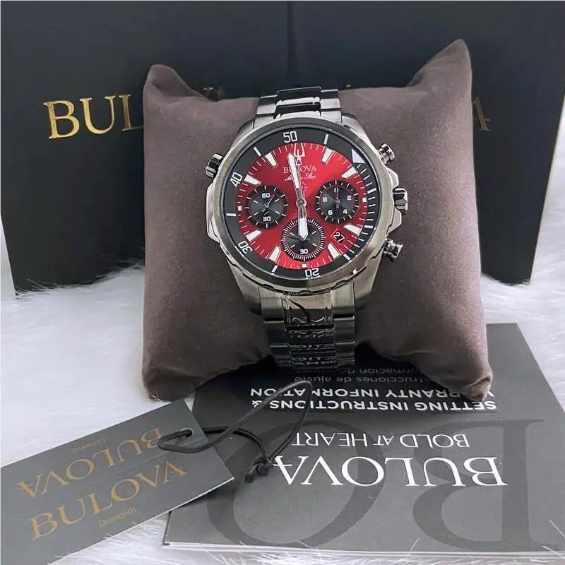 Men Bulova Classic Red Marine Star Stainless Steel 98B350 Watch 43MM