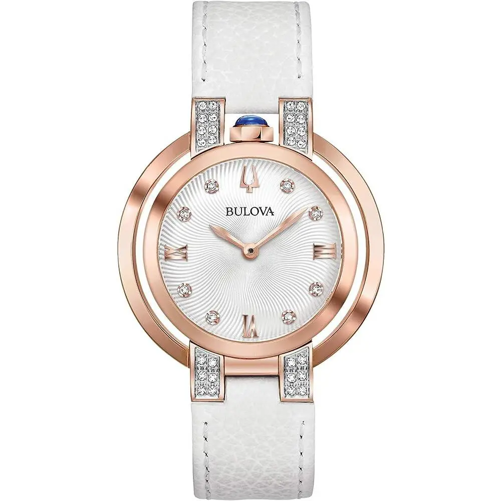 Bulova 98R243 Rubaiyat Collection Diamond White Leather Strap Ladies Watch - Dial: Silver, Band: White, Bezel: Silver