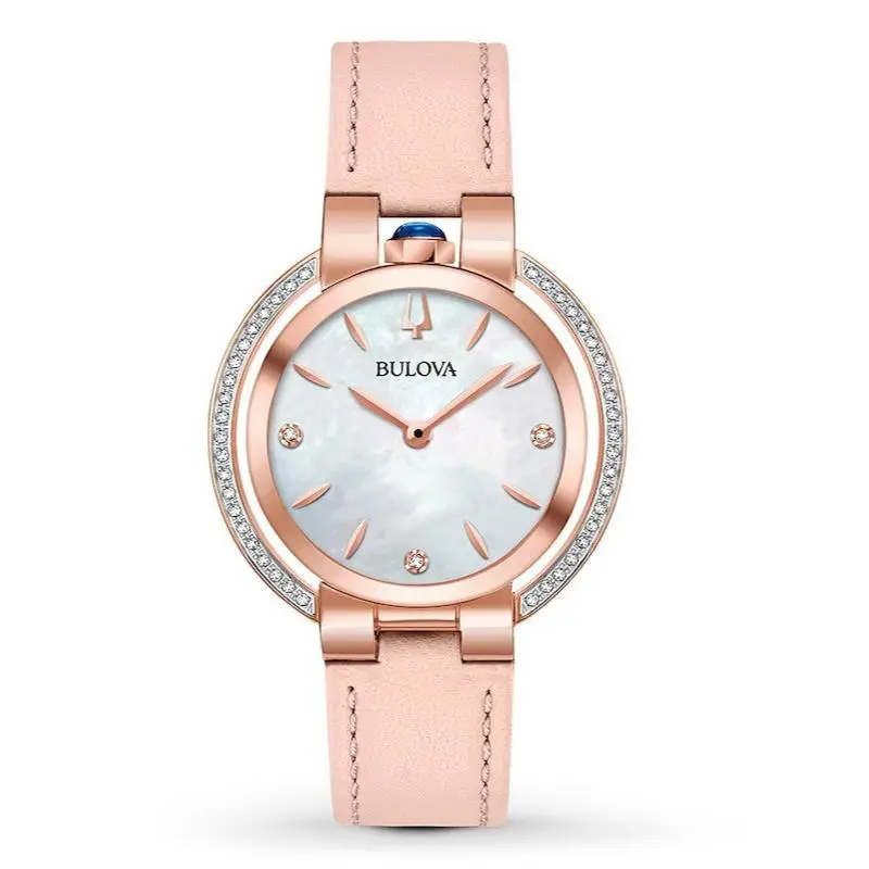 Bulova Ladies Rubaiyat Rose Gold Tone Diamond Mother OF Pearl Watch 98R267 - Dial: White, Band: Pink, Bezel: Rose Gold