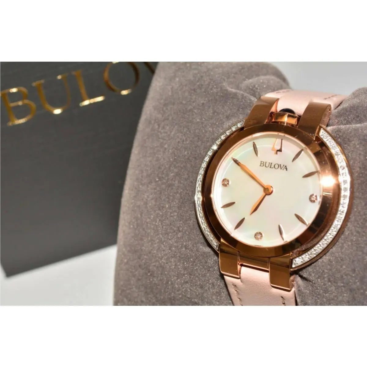 Bulova Women`s Rubaiyat Rose Gold Case Pink Leather Watch - 98R267 - Dial: White Mother of Pearl, Band: Pink