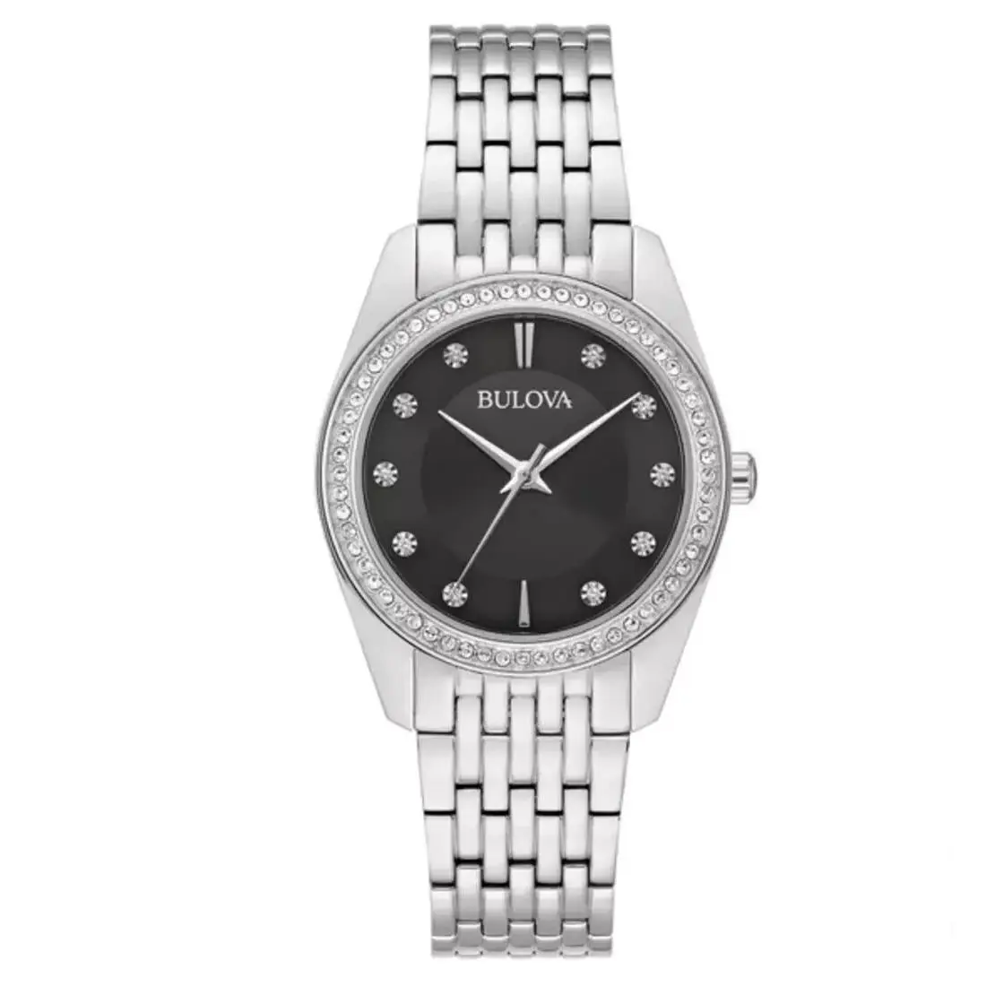 Bulova 96L317 Classic Crystal Silver Tone Stainless St. Black Dial Ladies Watch