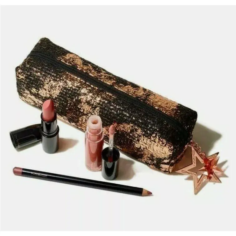 Mac 4 Pc. Starlit Lip Bag Neutral Shades- Lip Pencil Lipstick Lip Gloss + Bag