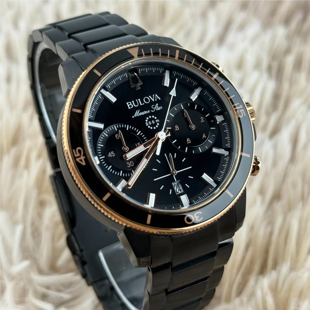 Bulova Marine Star 45mm Black Dial Quartz Stainless Steel Men`s Watch 98B302