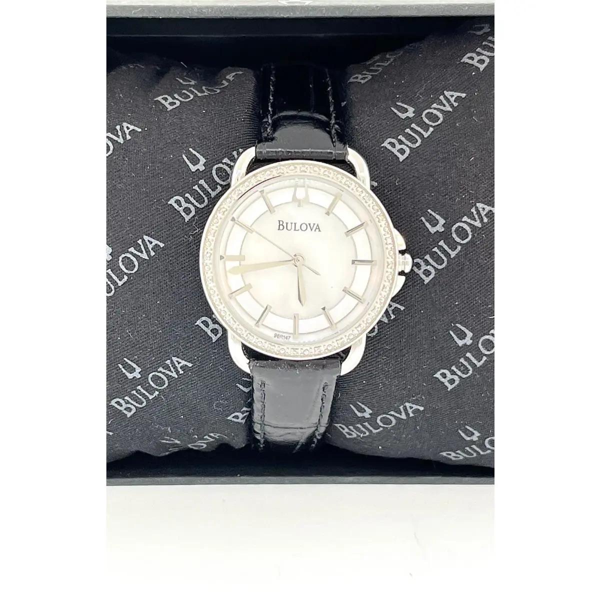 Ladies Bulova 96R147 Diamond Bezel Stainless Steel Watch W/black Leather Strap