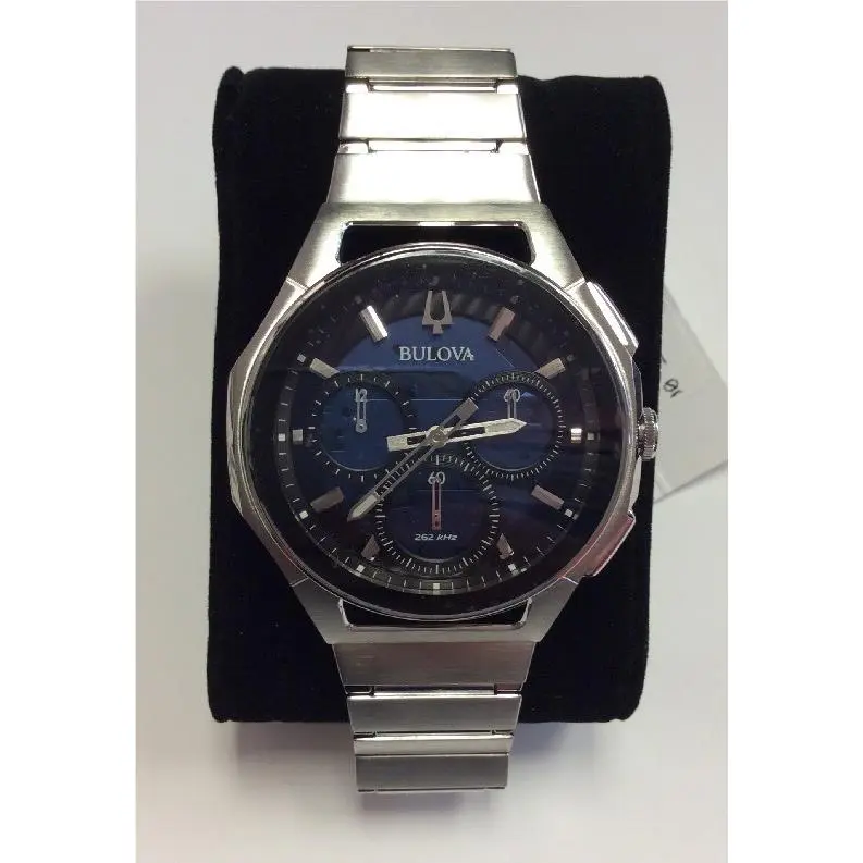 Men`s Curv Series Stainless Steel Blue Dial Chronograph Watch 96A205 by Bulova