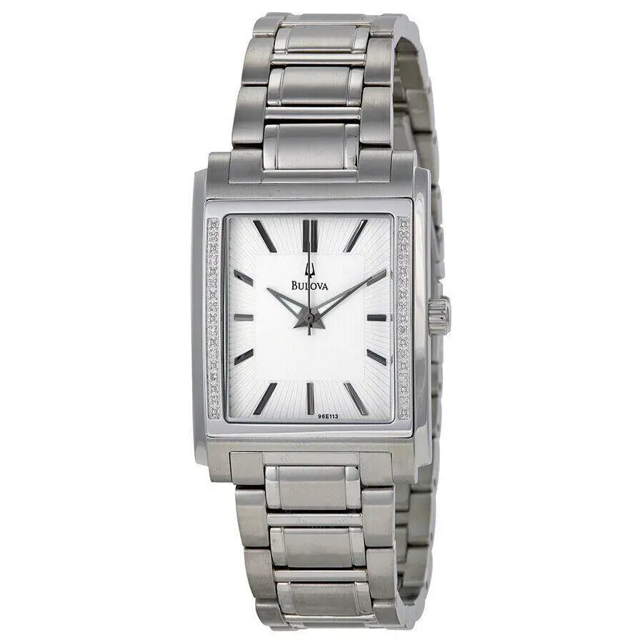 Bulova 96E113 Diamond Bezel Silver Tone Stainless Steel Men`s Watch - Dial: White, Band: Silver, Bezel: Silver