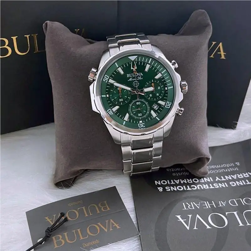 Men Bulova Classic Green Marine Star Stainless Steel 96B396 Watch 43MM