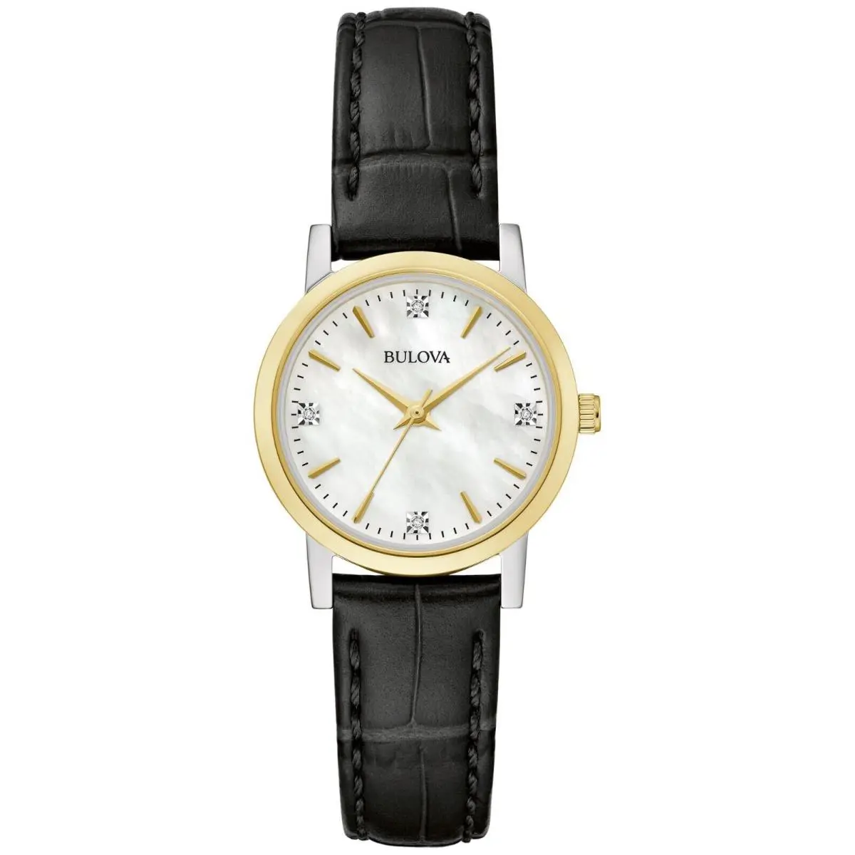 Bulova Women`s Diamond Accent Black Leather Strap 98P225