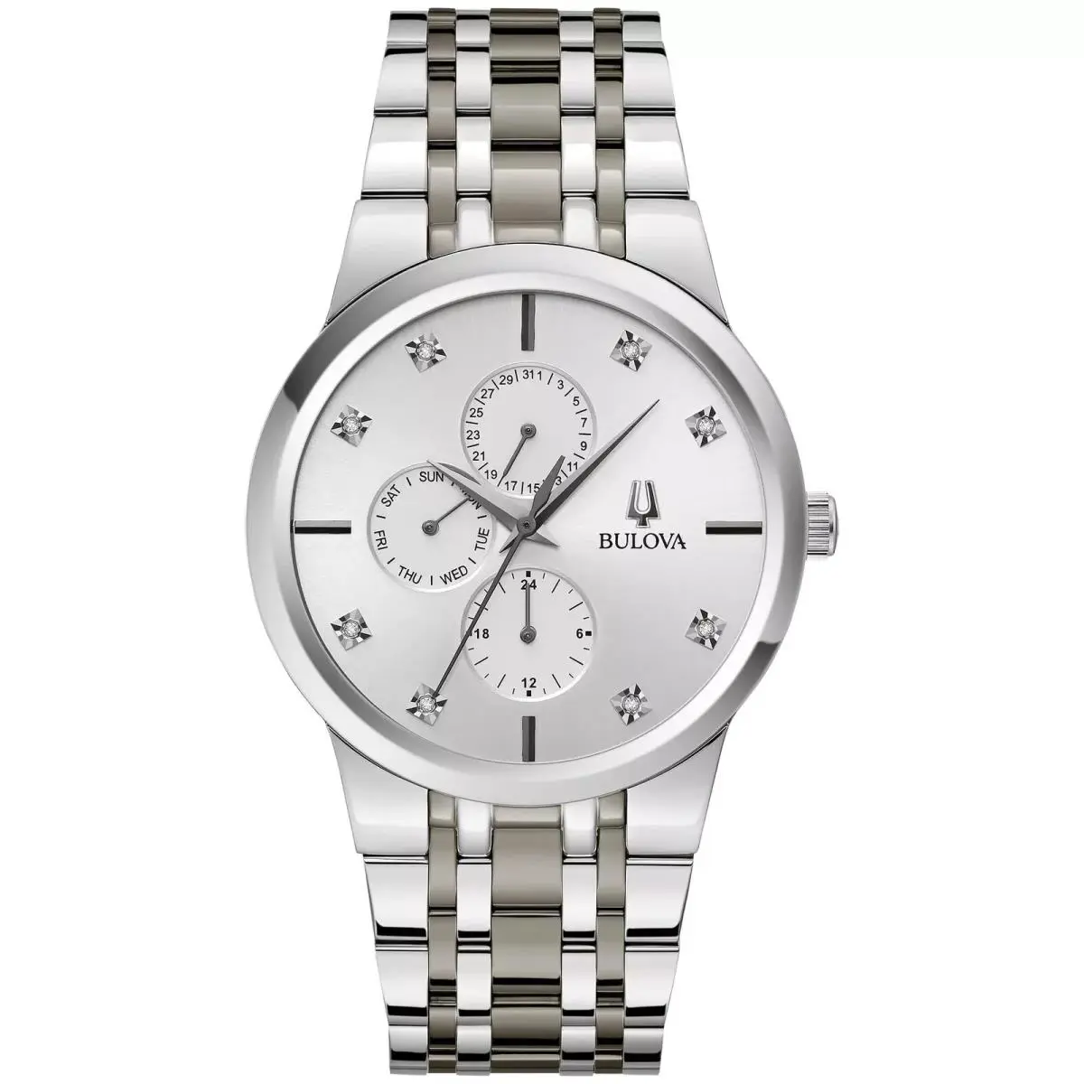 Bulova Men Modern Two Tone Stainless Diamond Quartz Watch Gray Dial 40mm 98D185 - Dial: Gray, Band: Silver, Bezel: Silver