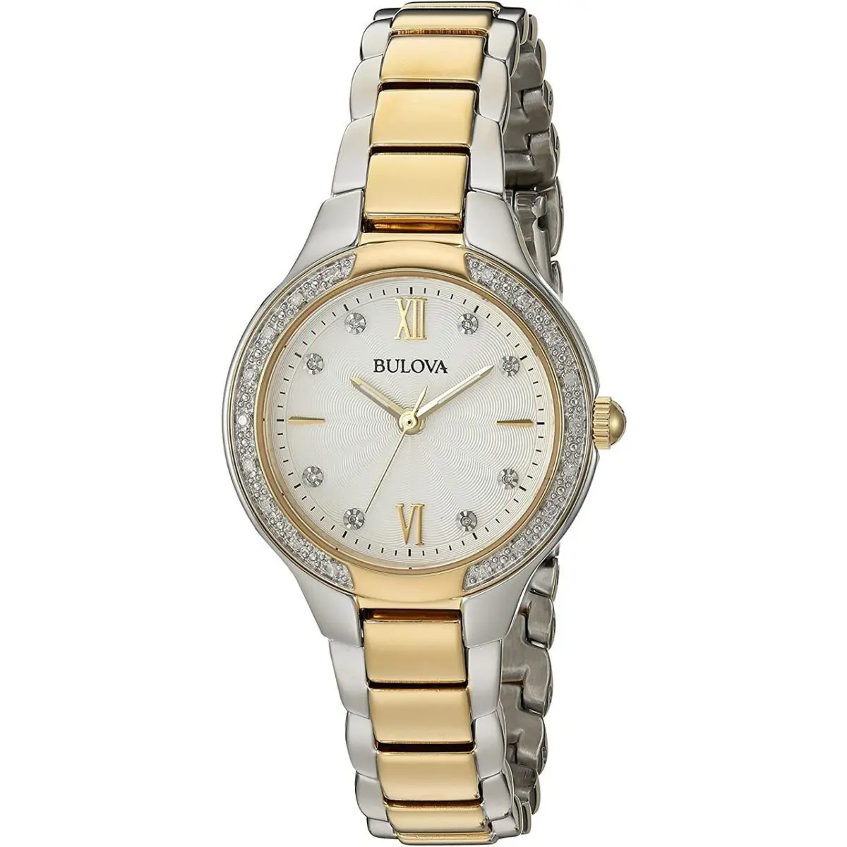 Bulova 98R221 Maiden 26 Diamond Stainless Steel Gold Silver Tone Women`s Watch - Dial: White, Band: Gold & Silver, Bezel: Diamond