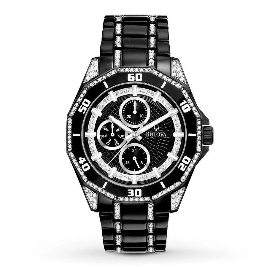 Bulova 98C111 Day Date Black Stainless Steel Band 208 Swarovski Crystals Watch - Dial: Black, Band: Black, Silver