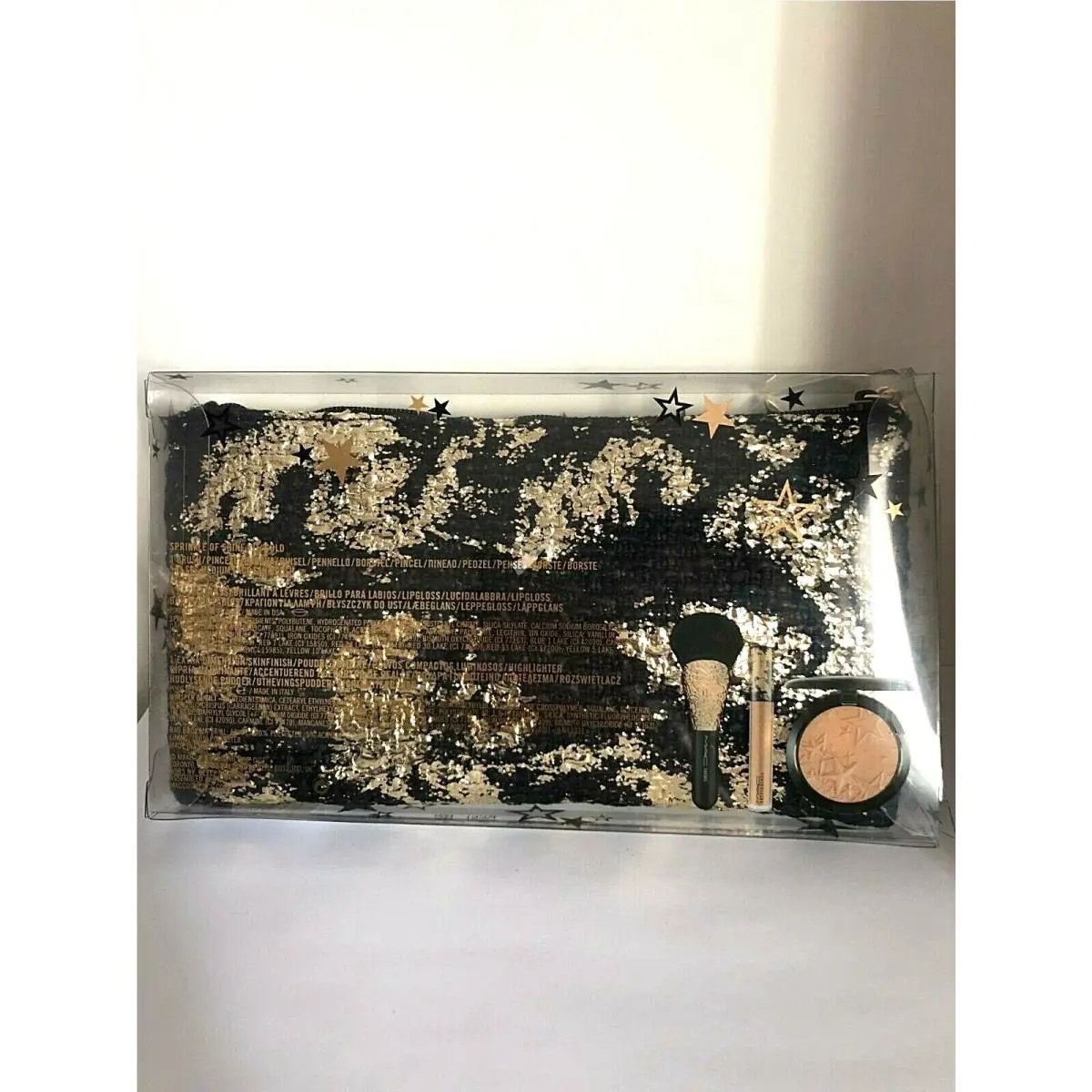 Mac Sprinkle OF Shine 4 Pcs Kit : Bag + Lipgloss + 143 Brush + Skin Finish
