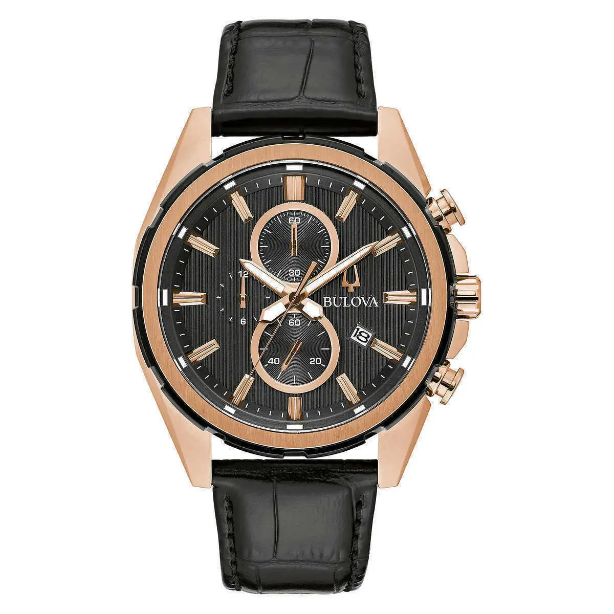 Bulova 98A262 Rose Gold-tone Stainless Steel Leather Band Chronograph Watch - Dial: Black, Band: Black, Bezel: Rose Gold