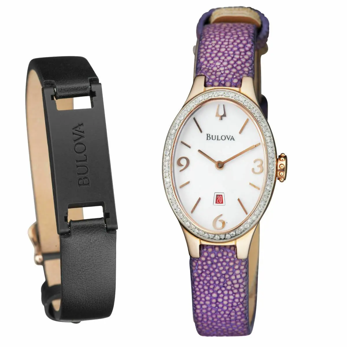 Bulova 98R198 Stingray Strap White Dial 72 Diamonds Date Women`s Watch - Dial: White, Band: Purple, Bezel: Rose Gold