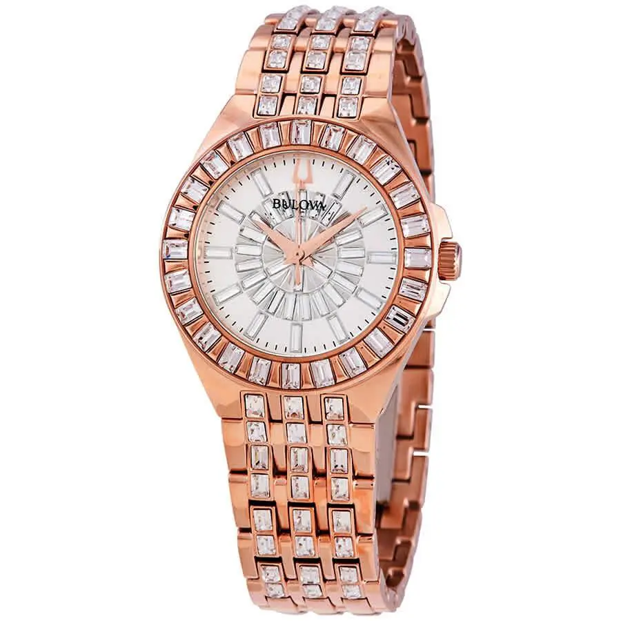 Bulova Phantom Rose Gold-tone Baguette Swarovski Crystal Ladies Watch 98L268 - Dial: Rose Gold, Band: Gold, Pink, Bezel: Gold, Pink, Rose Gold
