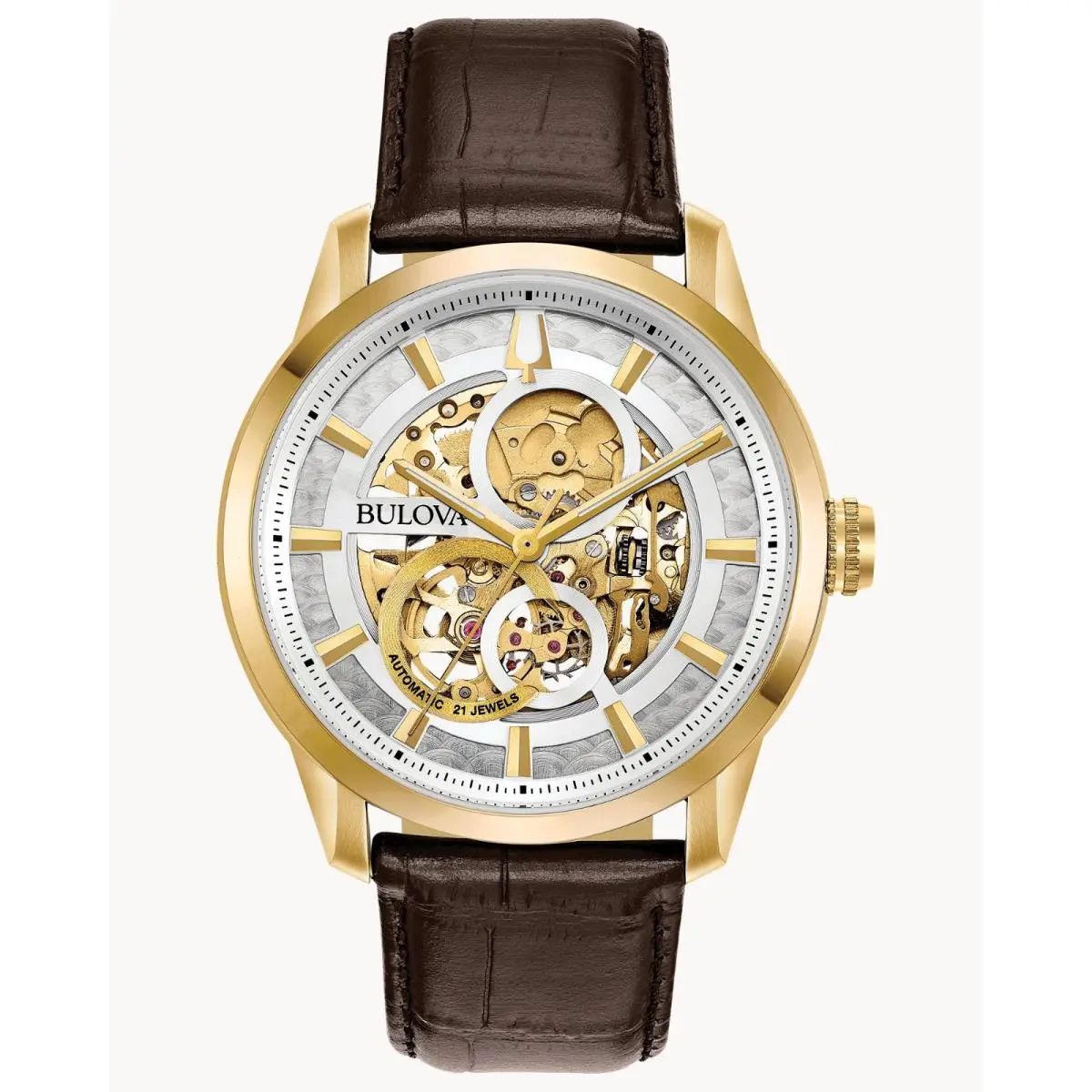 Bulova Men`s Sutton Automatic Skeleton White Dial Gold Tone Accents Watch 97A138