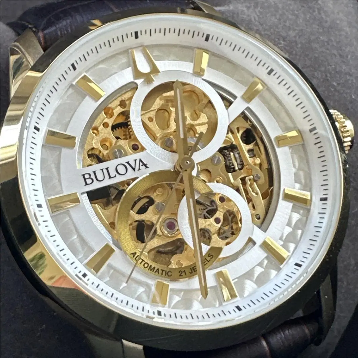 Bulova Men`s Classic Full Skeleton Automatic Brown Leather Watch 43 MM 97A138