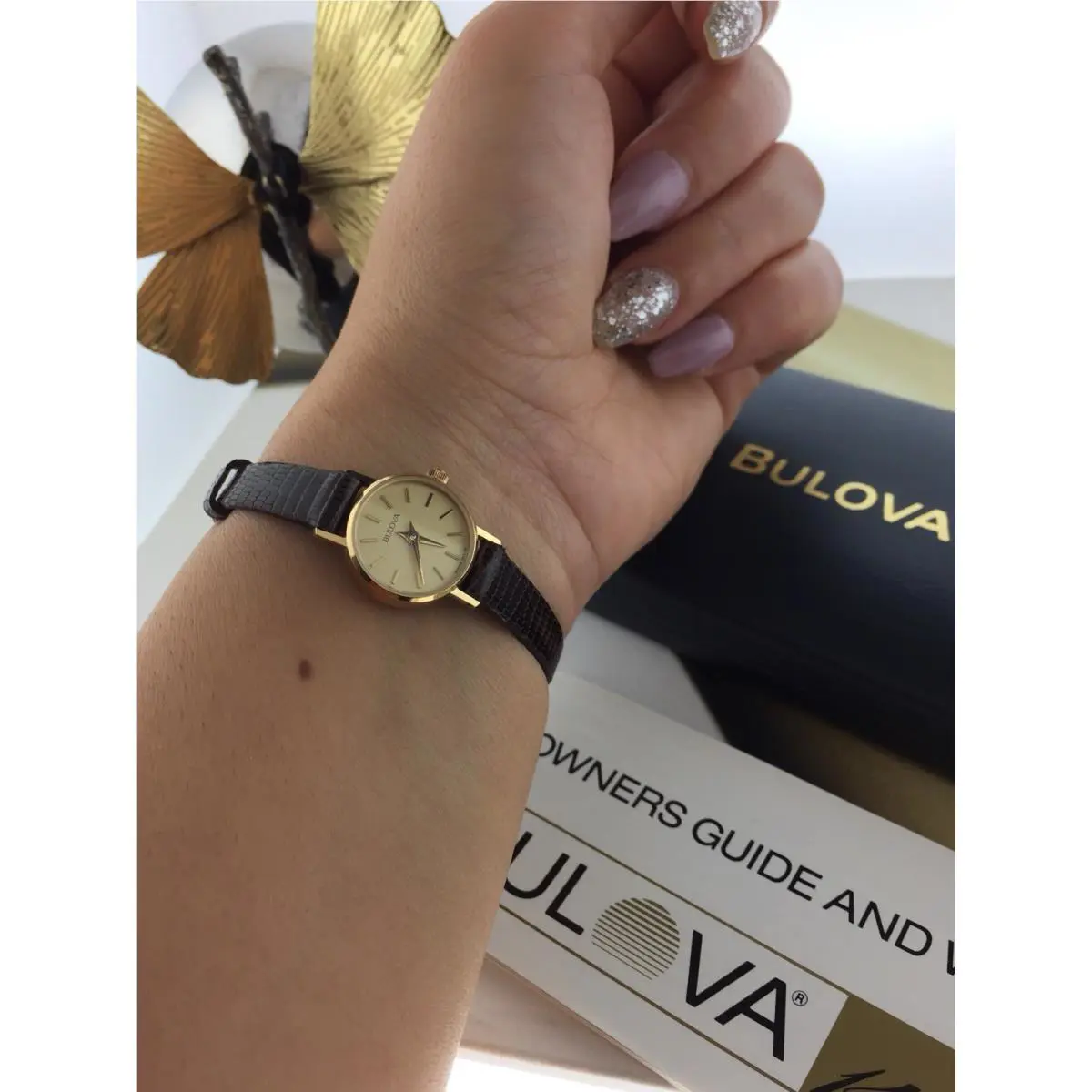 Mwt Bulova Collection Women`s 14 Karat Gold Case with Lizard Strap