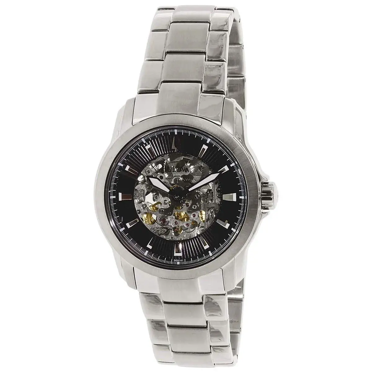 Bulova 96A141 Men`s Black Skeleton Dial Steel Bracelet Automatic Watch - Dial: Black