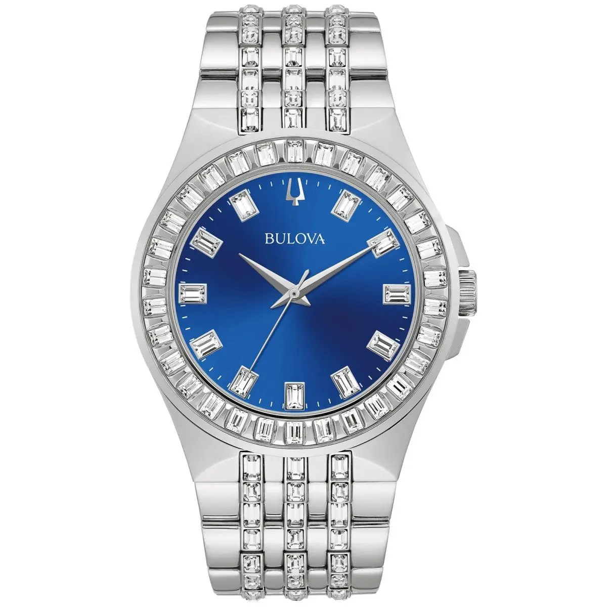 Bulova Men`s Crystals Phantom Silver Steel Quartz Watch Blue Dial 96A254 - Dial: Blue, Band: Silver, Bezel: Silver