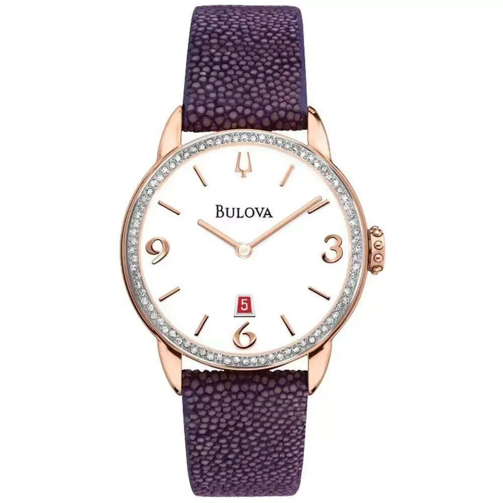 Bulova 98R196 Purple Leather Strap 78 Diamonds Rose Gold Women`s Watch