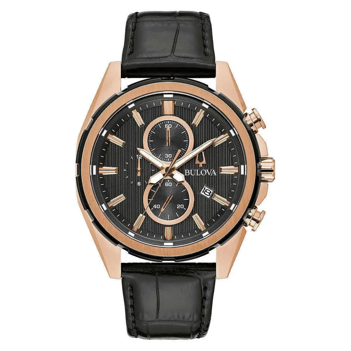 98A262 Rose Gold-tone Case Black Leather Band Chronograph Men`s Watch by Bulova