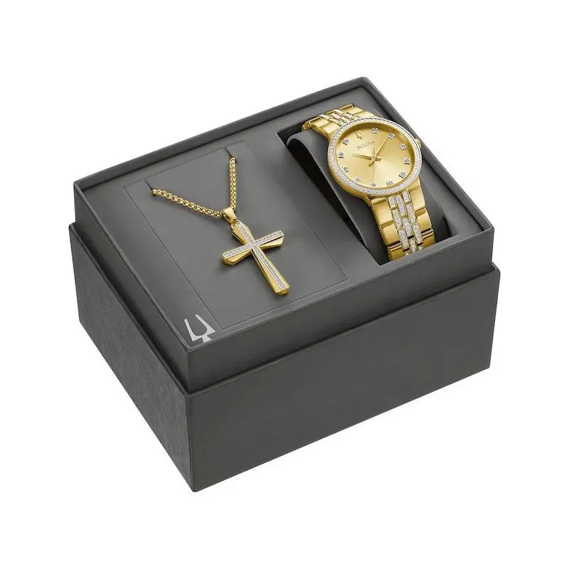 Bulova Crystal Collection Men’s Watch Boxed Set - Dial: Champagne, Band: Gold, Bezel: Gold