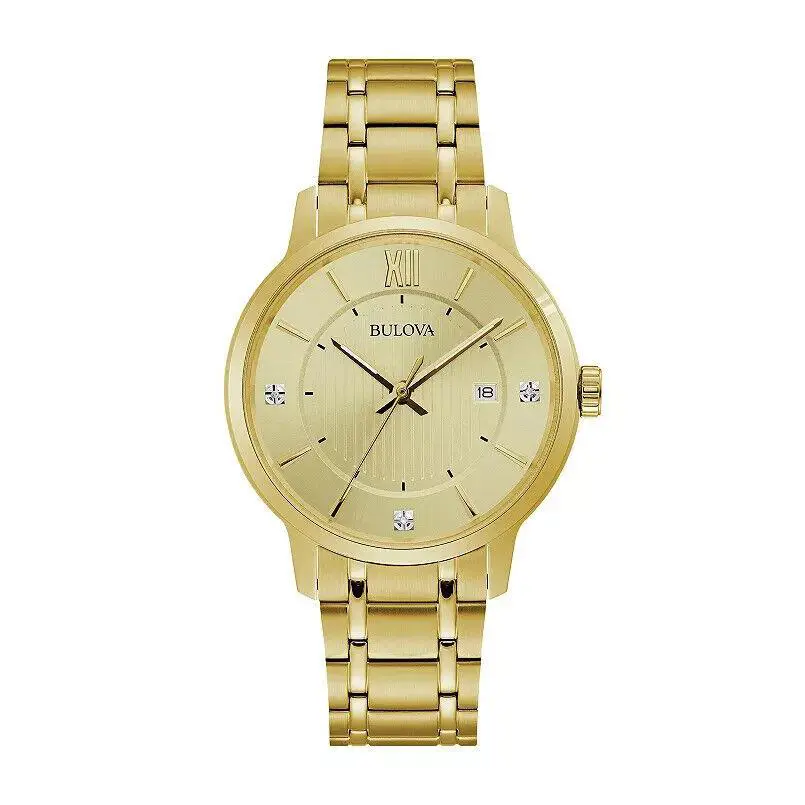 Men`s Quartz Gold-tone Diamond Accent Date Indicator 42mm Watch 97D117 by Bulova