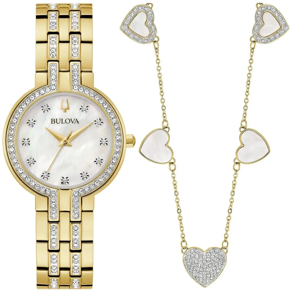 Bulova Crystal 98X138 Gold Stainless Steel Mother of Pearl Watch Bracelet Set - Dial: Mother of Pearl