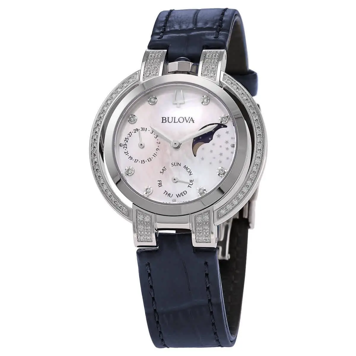 Bulova Rubaiyat Moon Phase Diamond Day / Date Mother OF Pearl Watch 96R237 - Dial: White, Band: Blue, Bezel: Silver