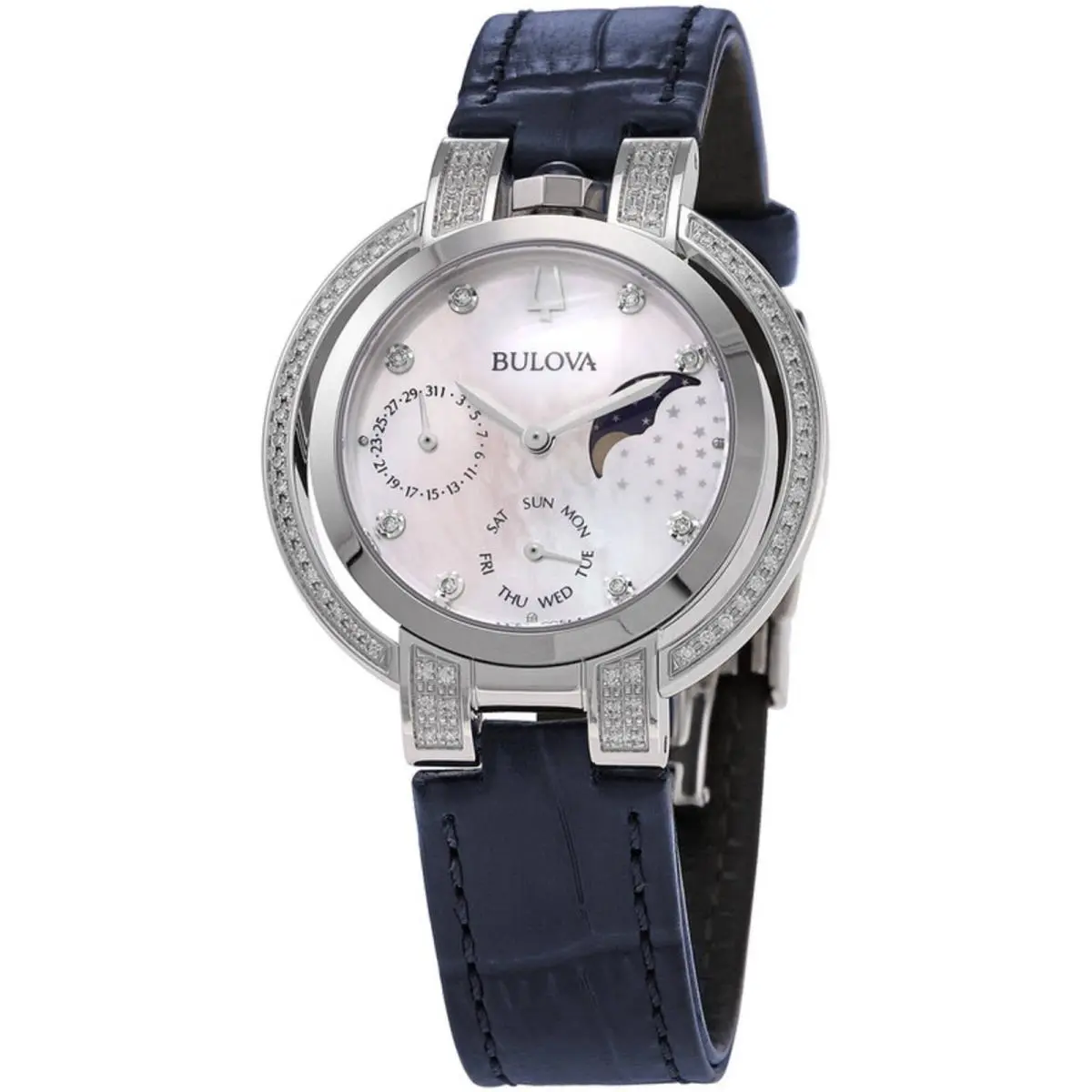 Bulova 96R237 Rubaiyat Moon Dial Diamond Women`s Watch 35mm Leather - Dial: White, Band: Blue, Bezel: Silver