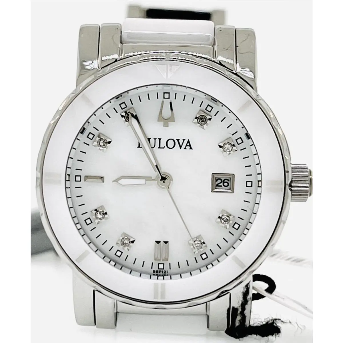 Ladies Bulova Stainless Steel White Ceramic Watch with Diamonds