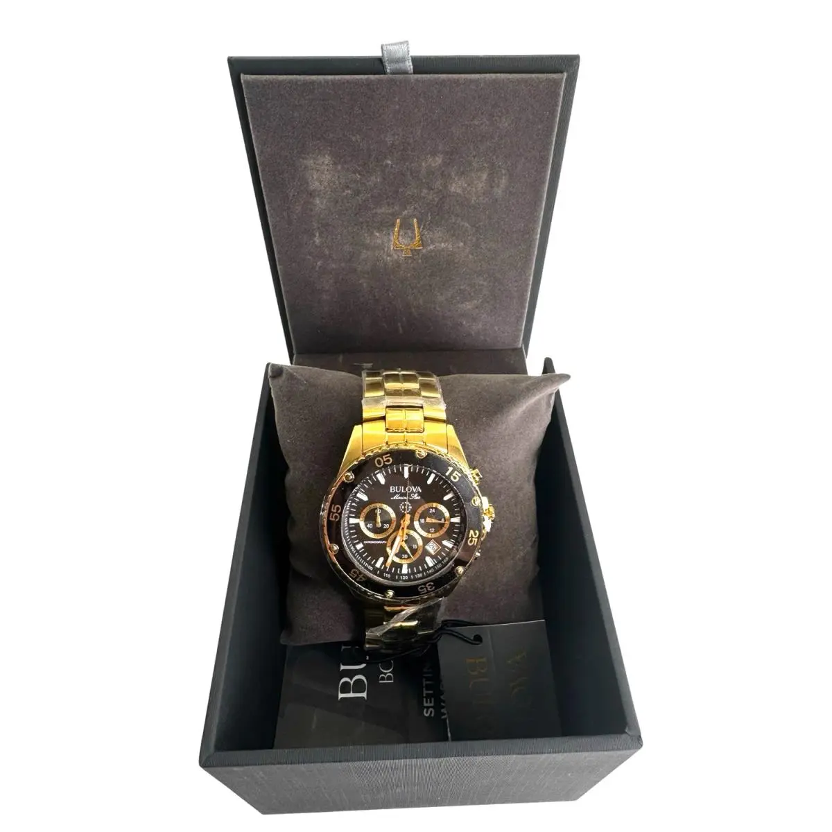 Mens Marine Star Gold Chronograph Stainless Watch Black Dial Style 98B406 by Bulova