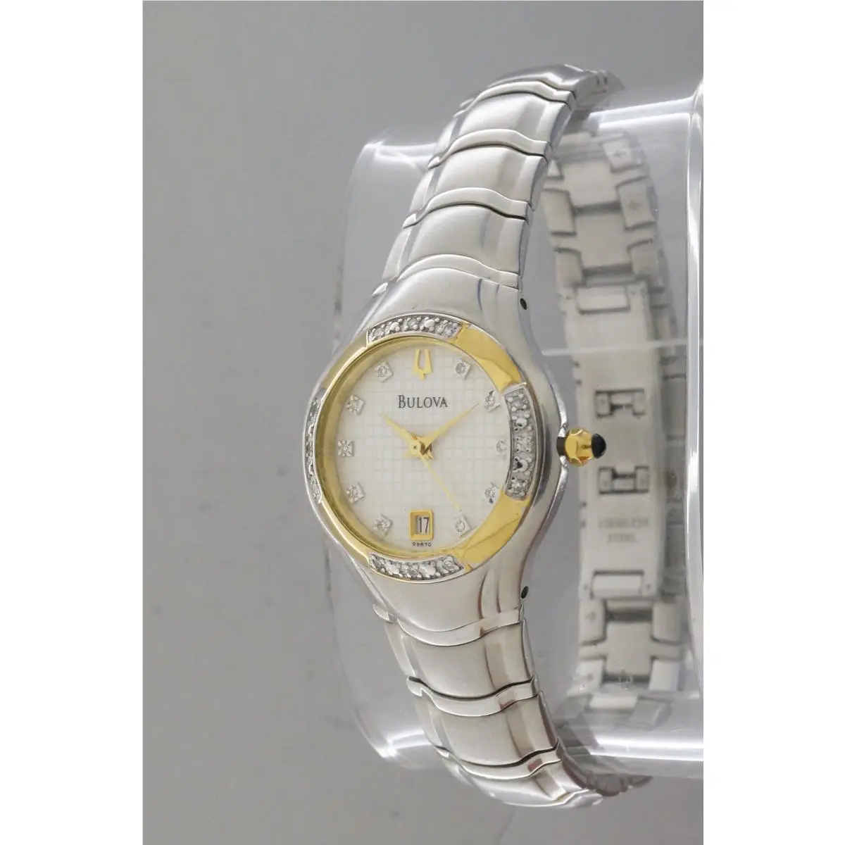 Bulova 98R70-S Women`s Dress White Dial Diamonds ON Bezel Date St. Steel Watch