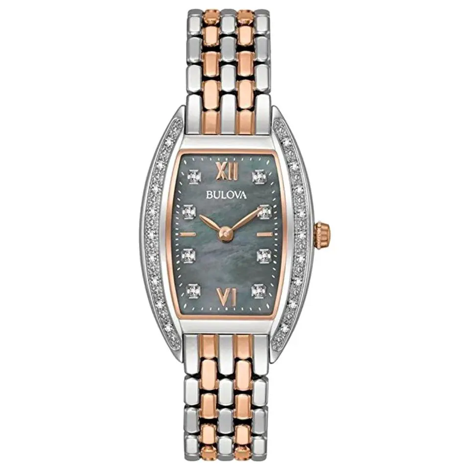 Bulova 98R232 Black Mother of Pearl Dial Two Tone 26 Diamonds Women`s Watch