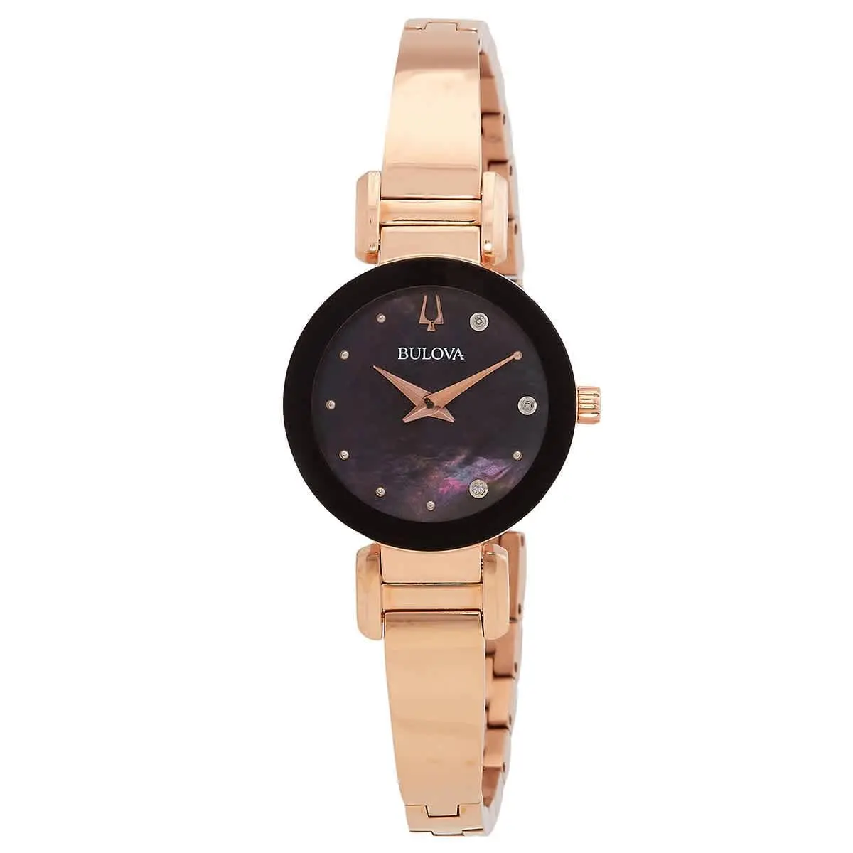 Bulova Marc Anthony Quartz Diamond Black Dial Ladies Watch 97P163 - Dial: Black, Band: Rose Gold-tone, Bezel: Rose Gold-tone