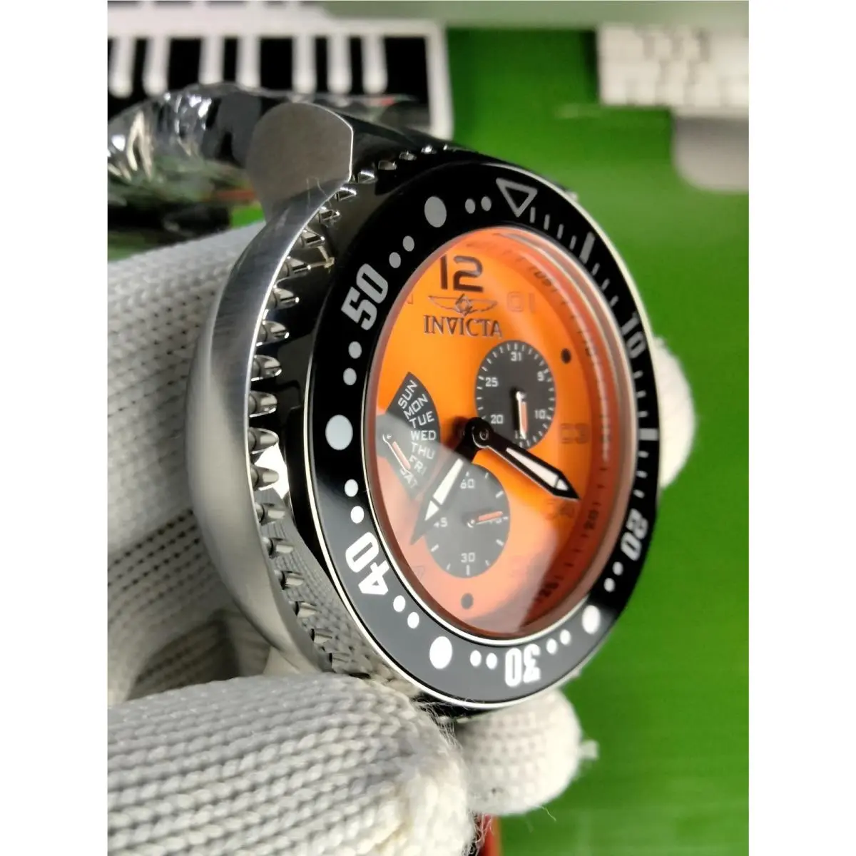 Invicta Pro Diver Multi-function Day Retrograde Men Quartz Watch 49564 WR 100 MT - Dial: Orange, Band: Black, Bezel: Black, Silver, Stainless Steel