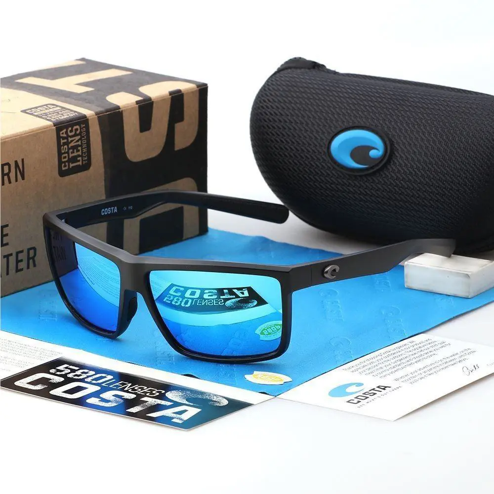Costa Del Mar Black Frame Blue Mirror Polarized 580 Sunglasses + Random Gift - Frame: Black, Lens: Blue