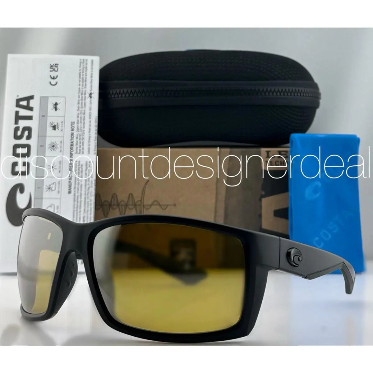 Costa Del Mar Reefton Sunglasses Matte Black Yellow Flash 580P Lens 06S9007-08