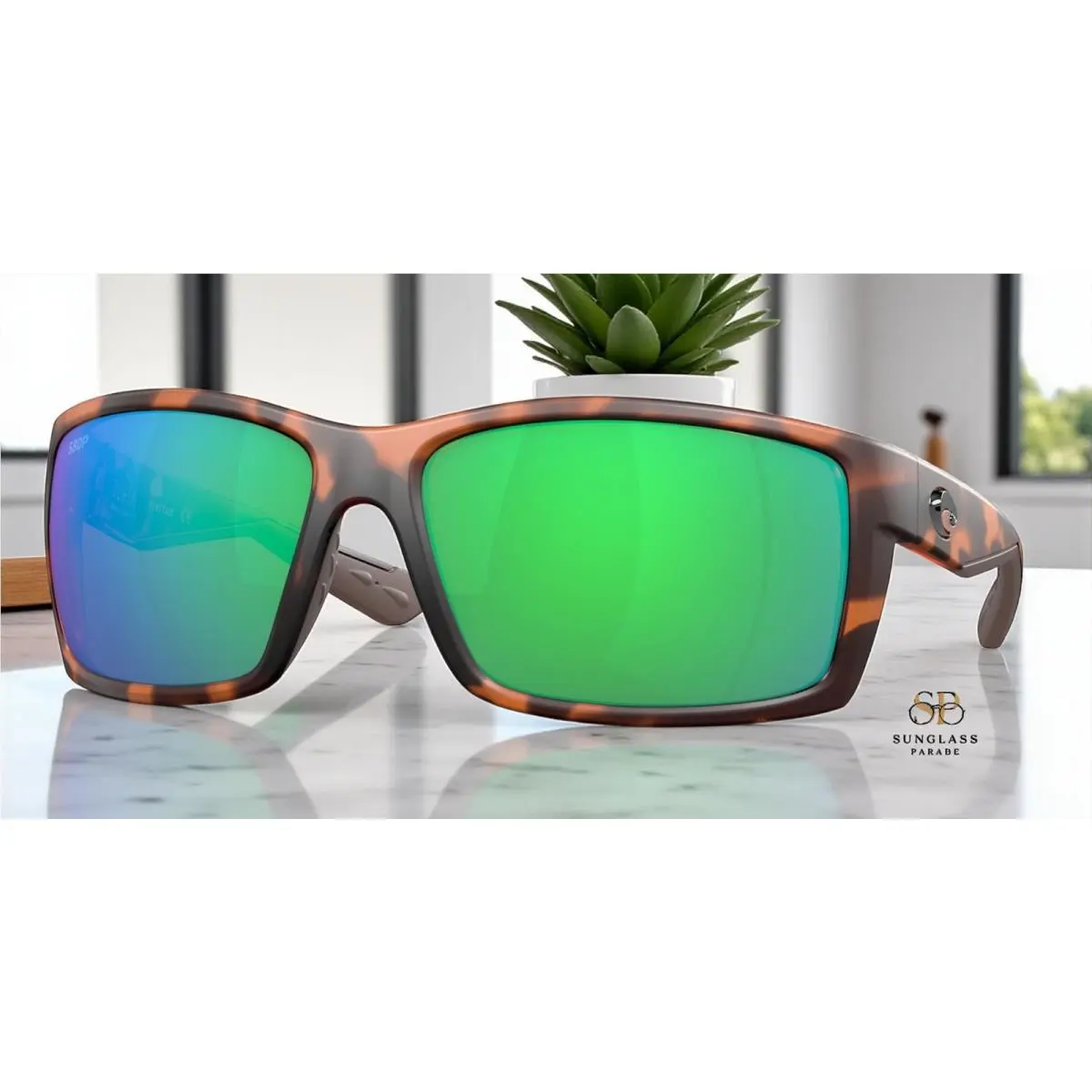Costa Del Mar 6S9007 11 Reefton Matte Retro Tort Green Mir 64 m Men`s Sunglasses - Frame: Green, Lens: Green