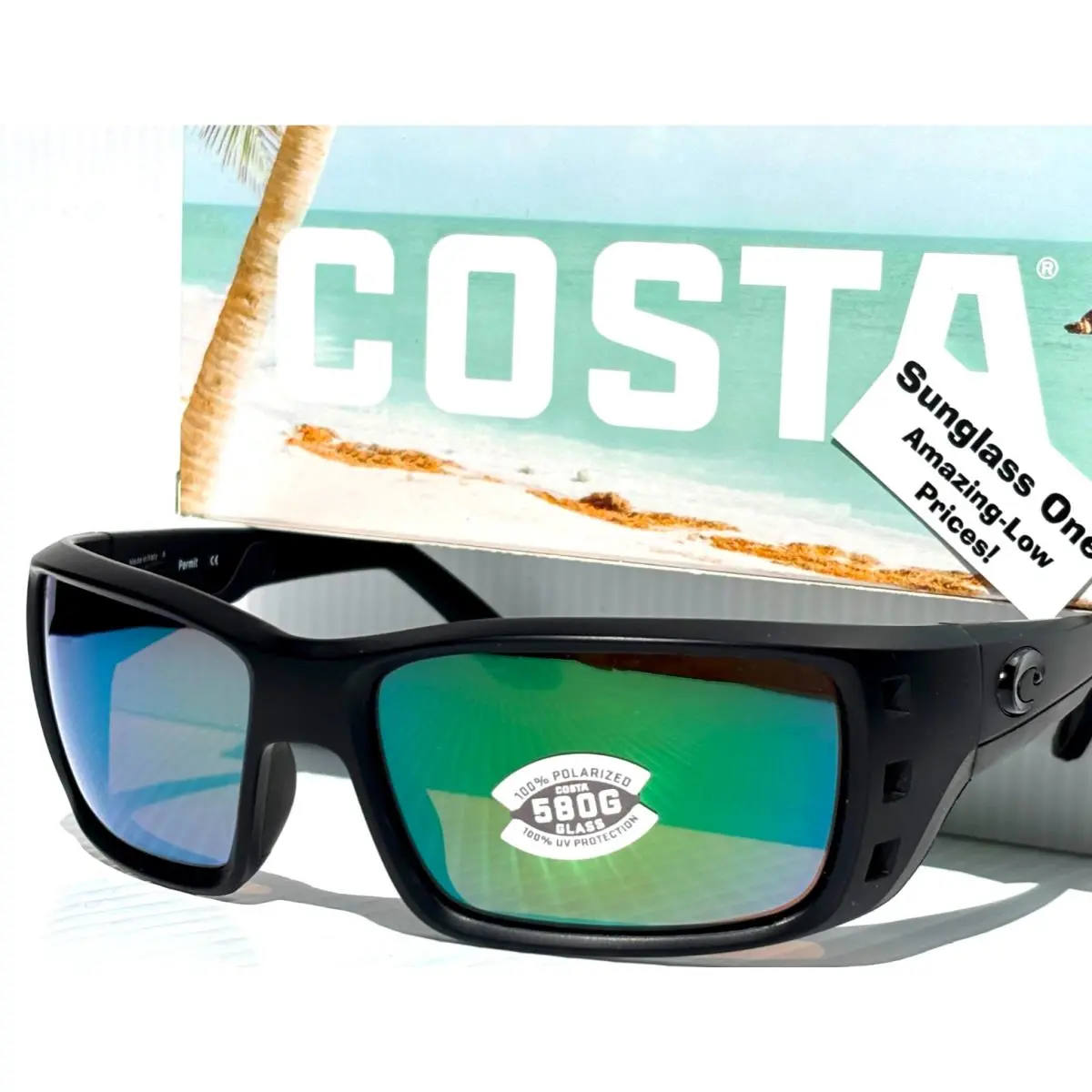 Costa Del Mar Permit Mat Black Polarized Green Mirror 580G Glass Sunglass PT 01 - Frame: Black, Lens: Green