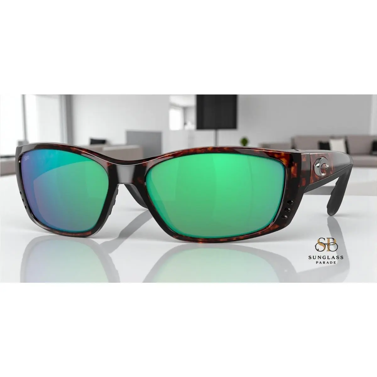 Costa Del Mar 6S9054 15 Fisch Tortoise Green Mirror 64 mm Men`s Sunglasses - Frame: Black, Lens: Green