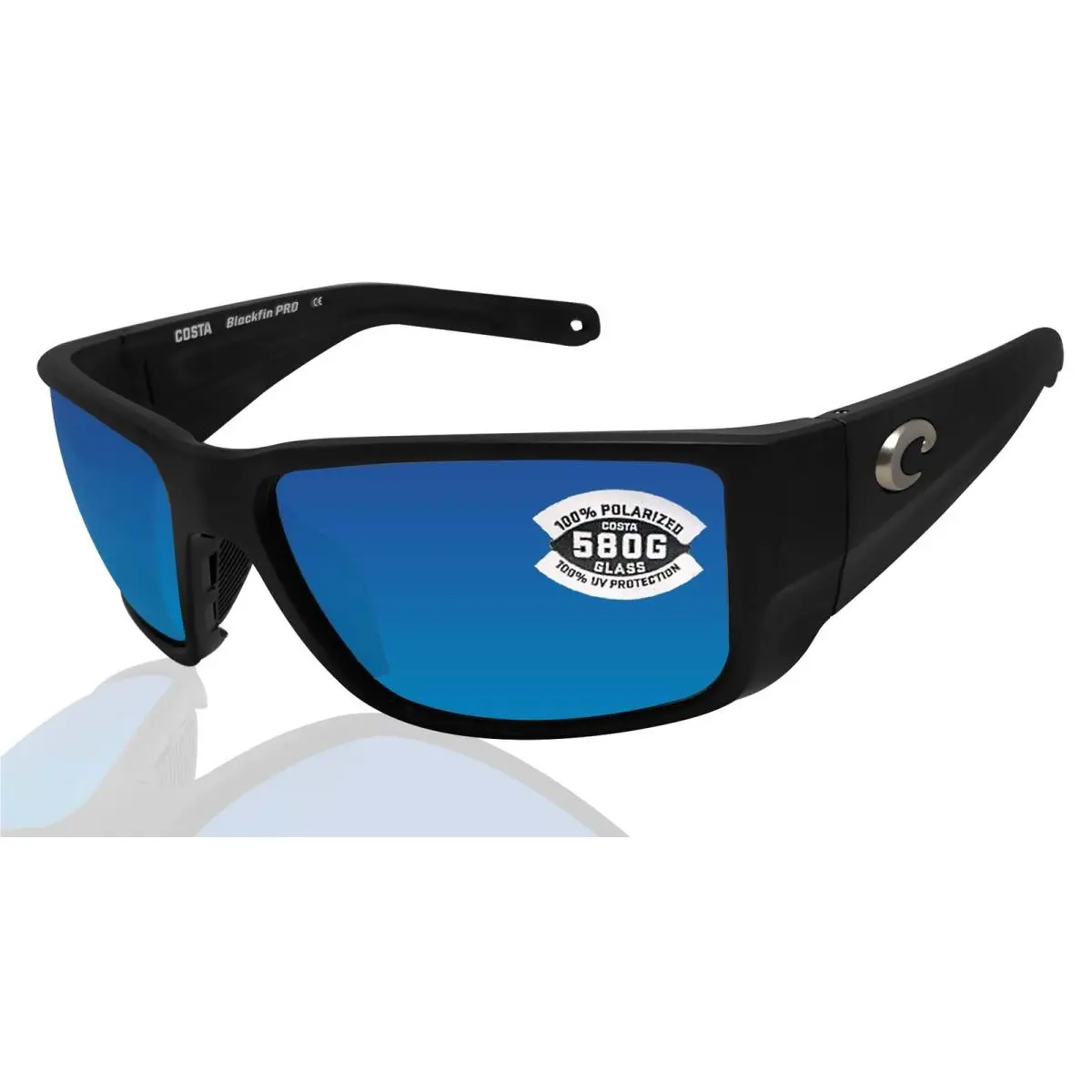Blackfin Pro Black Sunglasses Blue Mirror 580 Glass Lens by Costa Del Mar