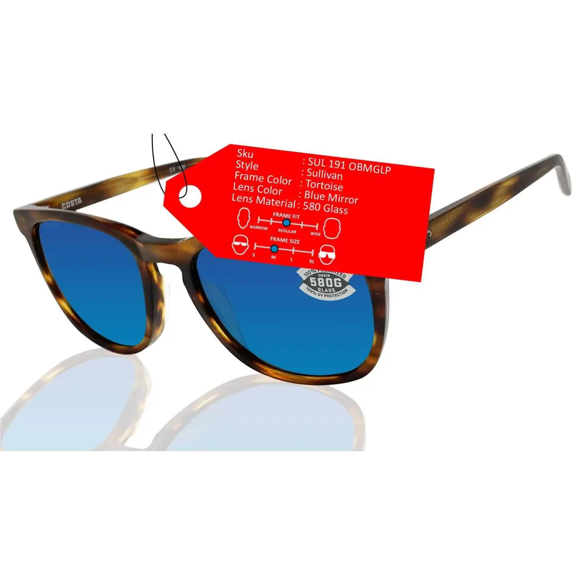 Costa Del Mar Sullivan Matte Tortoise Blue Mirror 580 Glass Polarized Sunglasses - Frame: Tortoise, Lens: Blue