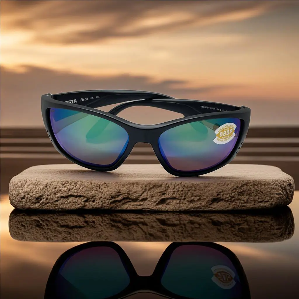 Costa Del Mar Fisch Black Frame Green Mirror 580P Plastic Polarized Lens