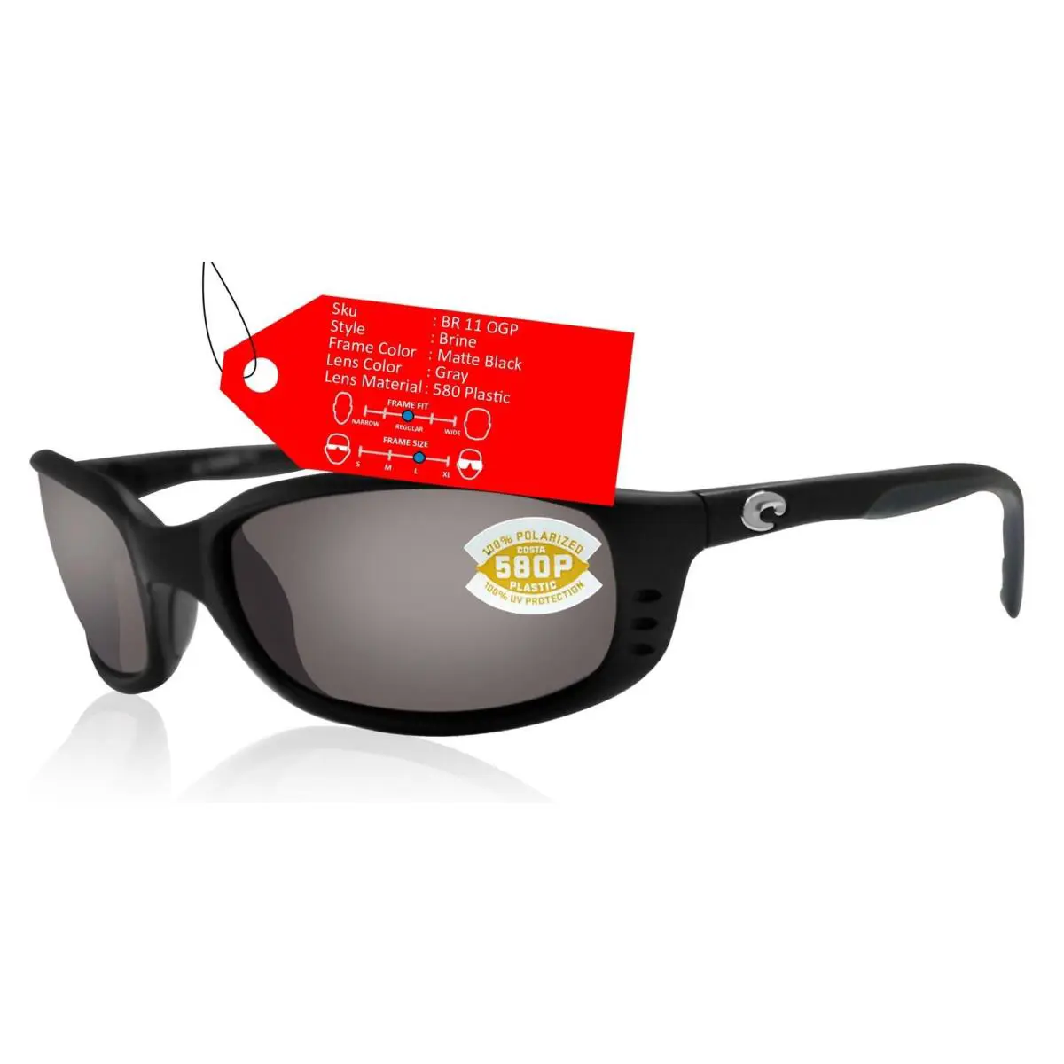 Costa Del Mar Brine Matte Black Frame Gray 580P Plastic Polarized Lens