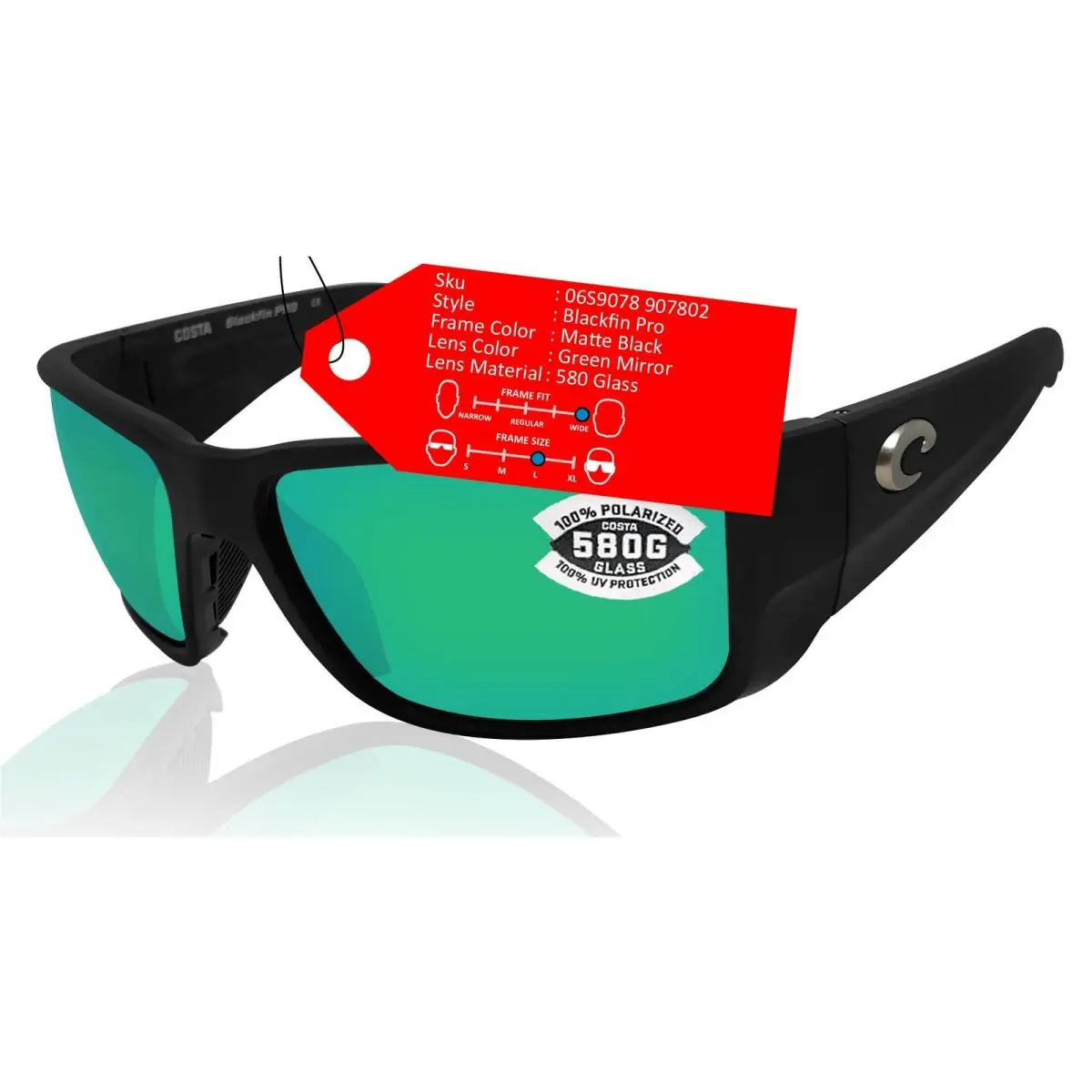 Blackfin Pro Black Sunglasses Green Mirror 580 Glass Lens by Costa Del Mar