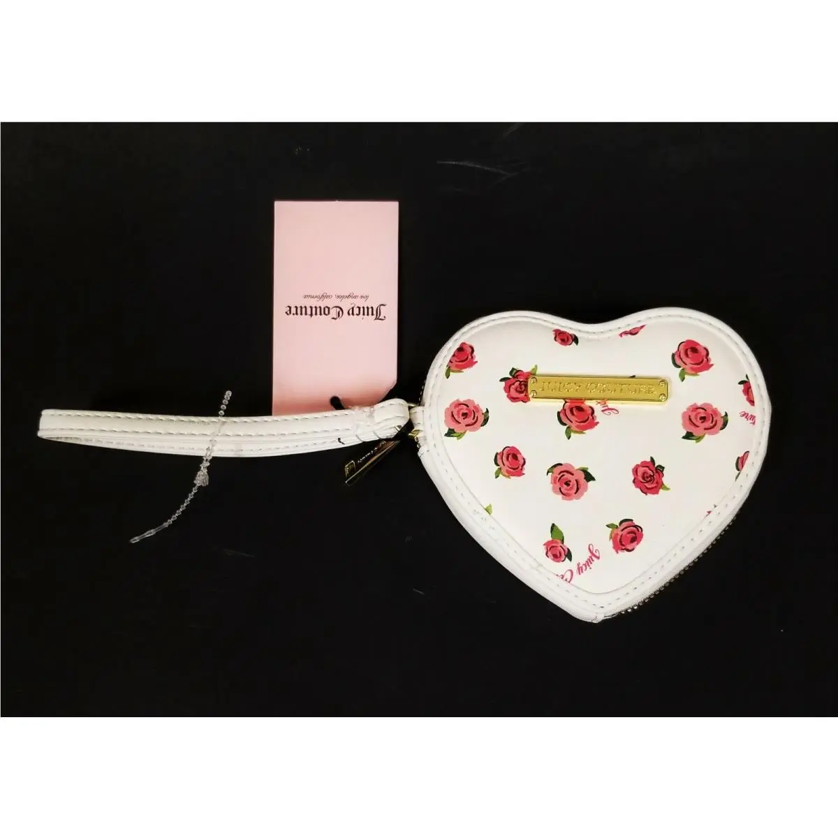 Juicy Couture White Pink Rose Pvc Gold Zip Heart Shaped Clutch Wristlet