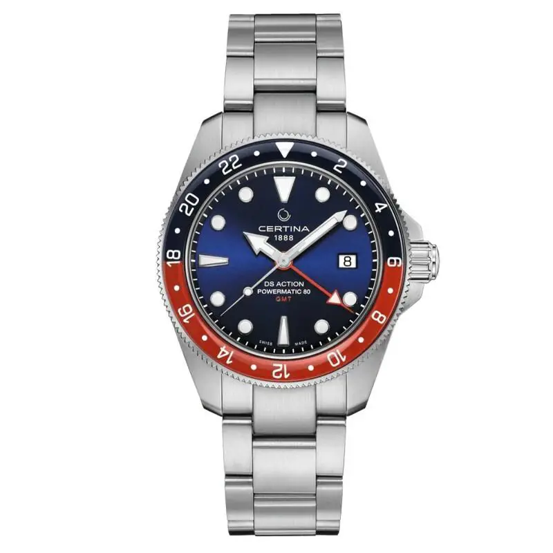 Certina DS Action Gmt Powermatic 80 41mm Blue-red Men`s Watch C0329291104100 - Dial: Blue, Band: Silver, Bezel: Blue