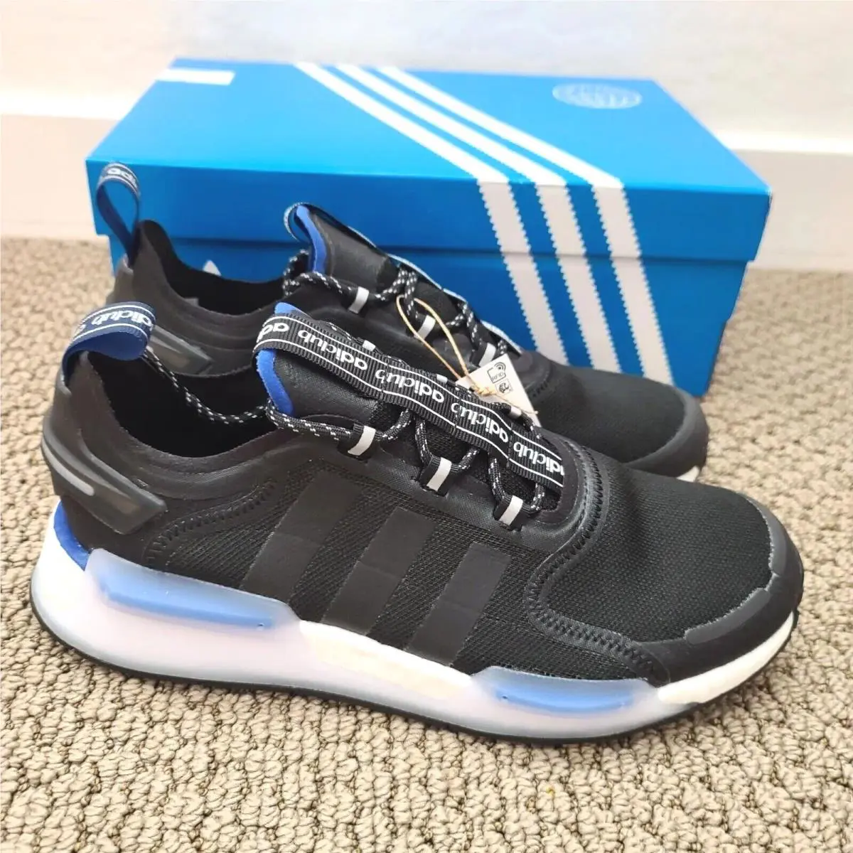Adidas Nmd R1 V3 Men`s Black White Royal Blue Boost Running Shoes HQ9838